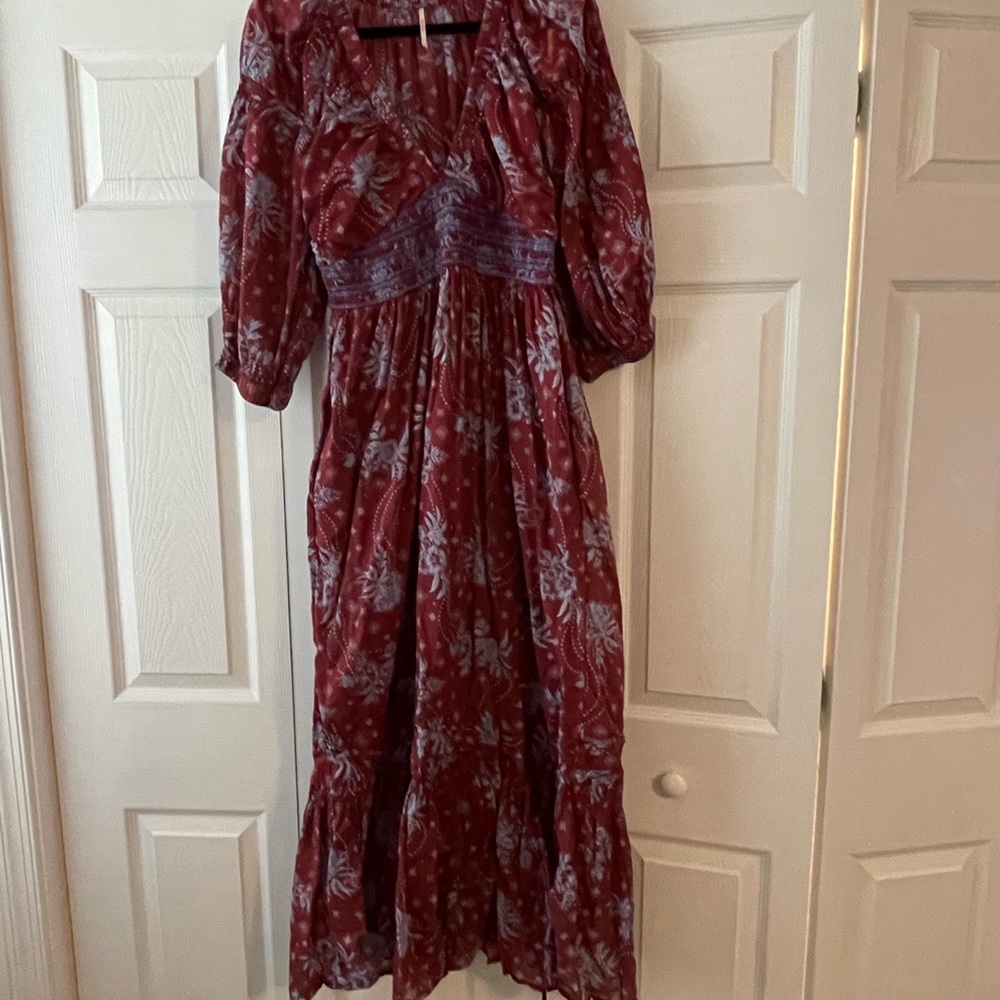 Free people maxi length maroon and powder blue print dress